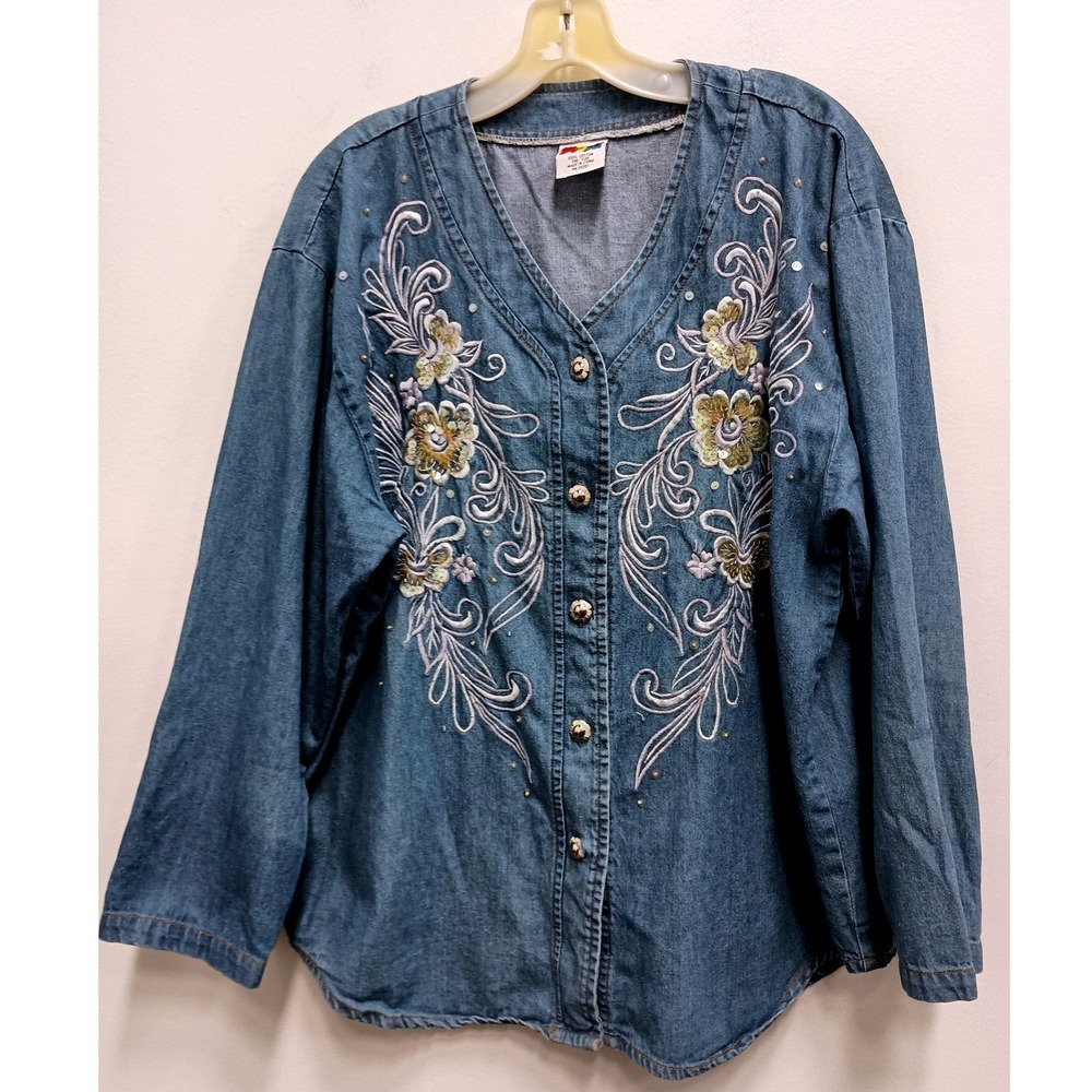 Vintage 90s Focus Denim Jacket Womens One Size Blue Embroidered Sequin Floral - Picture 1 of 9
